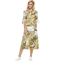 Dove Flowers Pattern Birds Flying Wings Animals Bow Sleeve Chiffon Midi Dress