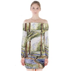 Trees Park Watercolor Lavender Flowers Foliage Long Sleeve Off Shoulder Dress