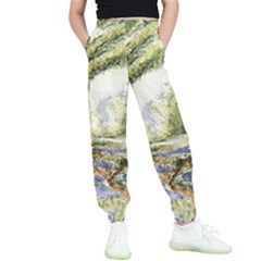 Trees Park Watercolor Lavender Flowers Foliage Kids  Elastic Waist Pants by Wegoenart