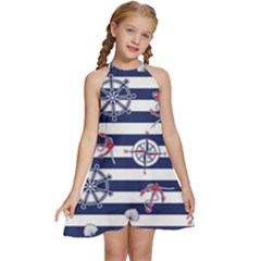 Seamless Marine Pattern Kids  Halter Collar Waist Tie Chiffon Dress by BangZart