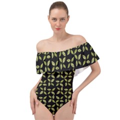 Leaves Motif Random Print Pattern Off Shoulder Velour Bodysuit  by dflcprintsclothing