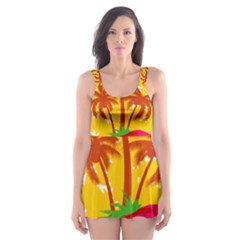 Holiday Tropical Elements Leaf Orange Skater Dress Swimsuit by Jancukart