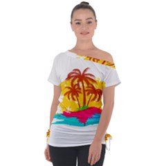 Holiday Tropical Elements Leaf Orange Off Shoulder Tie-up Tee