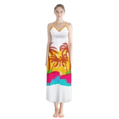 Holiday Tropical Elements Leaf Orange Button Up Chiffon Maxi Dress