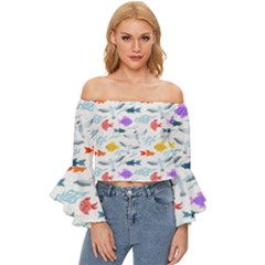 Animal Fish Bird Animals Ocean Pattern Off Shoulder Flutter Bell Sleeve Top