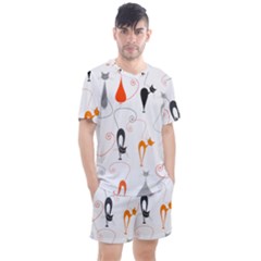 Cartoon Cat Seamless Pattern Graphic Men s Mesh Tee And Shorts Set