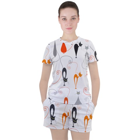 Cartoon Cat Seamless Pattern Graphic Women s Tee And Shorts Set by Jancukart