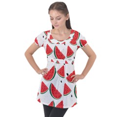 Watermelon Seamless Pattern Puff Sleeve Tunic Top by Jancukart