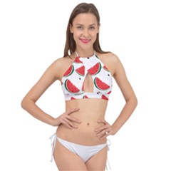 Watermelon Seamless Pattern Cross Front Halter Bikini Top