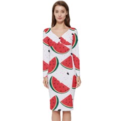 Watermelon Seamless Pattern Long Sleeve V-neck Bodycon Dress  by Jancukart