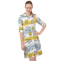 Cartoon Whale Seamless Background Long Sleeve Mini Shirt Dress