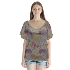 Pattern-tsit V-neck Flutter Sleeve Top