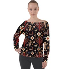 Carpet-symbols Off Shoulder Long Sleeve Velour Top