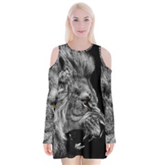 Roar Angry Male Lion Black Velvet Long Sleeve Shoulder Cutout Dress by danenraven