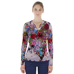 Multicolored Floral Digital Wallpaper Abstract Flowers Heart Free Download V-neck Long Sleeve Top by danenraven