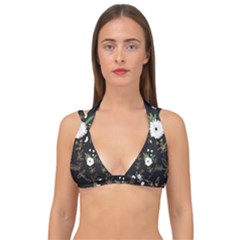 Black And White Floral Textile Digital Art Abstract Pattern Double Strap Halter Bikini Top by danenraven