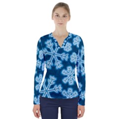 Snowflakes And Star Patterns Blue Frost V-neck Long Sleeve Top by artworkshop