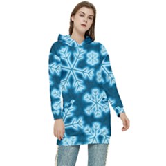 Snowflakes And Star Patterns Blue Frost Women s Long Oversized Pullover Hoodie
