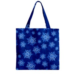 Snowflakes And Star Patterns Blue Snow Zipper Grocery Tote Bag by artworkshop