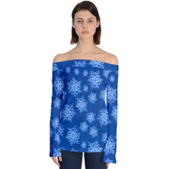 Snowflakes And Star Patterns Blue Snow Off Shoulder Long Sleeve Top by artworkshop