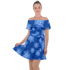 Snowflakes And Star Patterns Blue Snow Off Shoulder Velour Dress