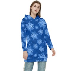 Snowflakes And Star Patterns Blue Snow Women s Long Oversized Pullover Hoodie