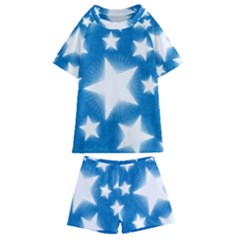 Snowflakes And Star Patterns Blue Stars Kids  Swim Tee And Shorts Set by artworkshop