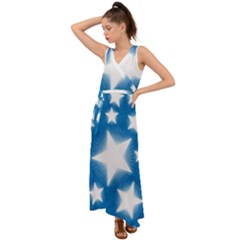 Snowflakes And Star Patterns Blue Stars V-Neck Chiffon Maxi Dress