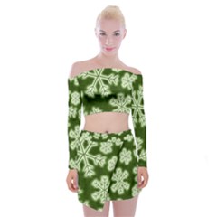 Snowflakes And Star Patterns Green Frost Off Shoulder Top With Mini Skirt Set by artworkshop