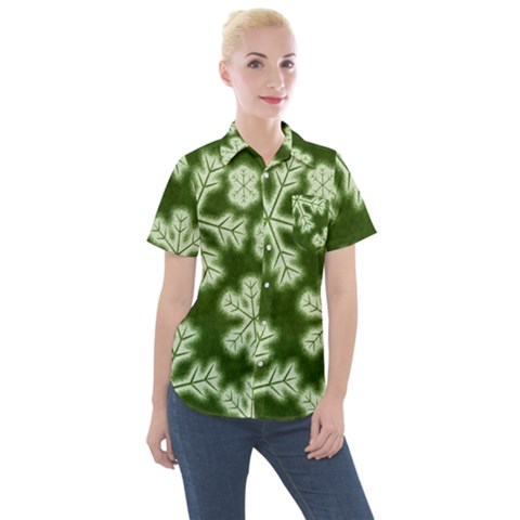 Snowflakes And Star Patterns Green Frost Women s Short Sleeve Pocket Shirt by artworkshop