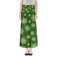 Snowflakes And Star Patterns Green Snow Full Length Maxi Skirt