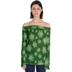 Snowflakes And Star Patterns Green Snow Off Shoulder Long Sleeve Top by artworkshop