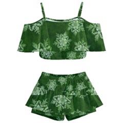 Snowflakes And Star Patterns Green Snow Kids  Off Shoulder Skirt Bikini by artworkshop