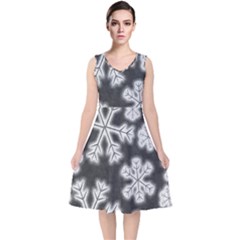 Snowflakes And Star Patterns Grey Frost V-neck Midi Sleeveless Dress  by artworkshop