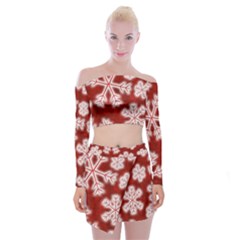 Snowflakes And Star Patterns Red Frost Off Shoulder Top With Mini Skirt Set by artworkshop