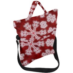 Snowflakes And Star Patterns Red Frost Fold Over Handle Tote Bag by artworkshop