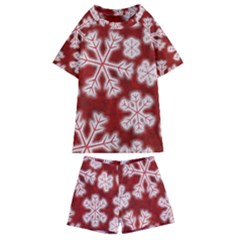 Snowflakes And Star Patterns Red Frost Kids  Swim Tee And Shorts Set by artworkshop