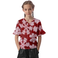 Snowflakes And Star Patterns Red Frost Kids  V-neck Horn Sleeve Blouse by artworkshop