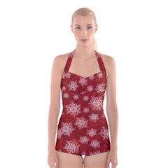 Snowflakes And Star Patternsred Snow Boyleg Halter Swimsuit  by artworkshop