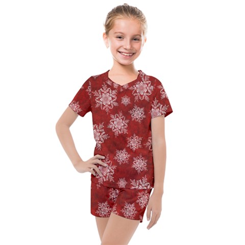 Snowflakes And Star Patternsred Snow Kids  Mesh Tee And Shorts Set by artworkshop