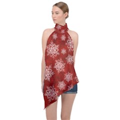 Snowflakes And Star Patternsred Snow Halter Asymmetric Satin Top by artworkshop