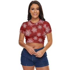 Snowflakes And Star Patternsred Snow Side Button Cropped Tee