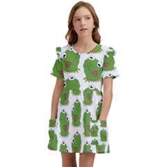 Kermit The Frog Pattern Kids  Frilly Sleeves Pocket Dress by Valentinaart