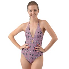 Insects pattern Halter Cut-Out One Piece Swimsuit