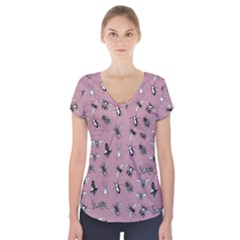 Insects pattern Short Sleeve Front Detail Top