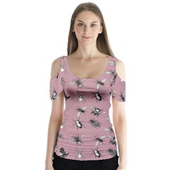 Insects Pattern Butterfly Sleeve Cutout Tee 