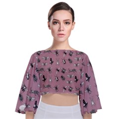 Insects pattern Tie Back Butterfly Sleeve Chiffon Top
