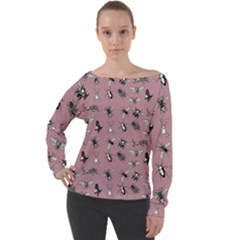 Insects pattern Off Shoulder Long Sleeve Velour Top