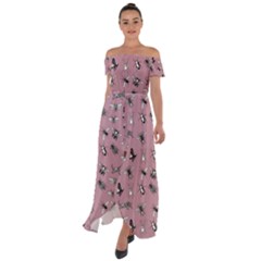 Insects Pattern Off Shoulder Open Front Chiffon Dress