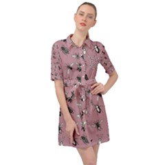 Insects Pattern Belted Shirt Dress